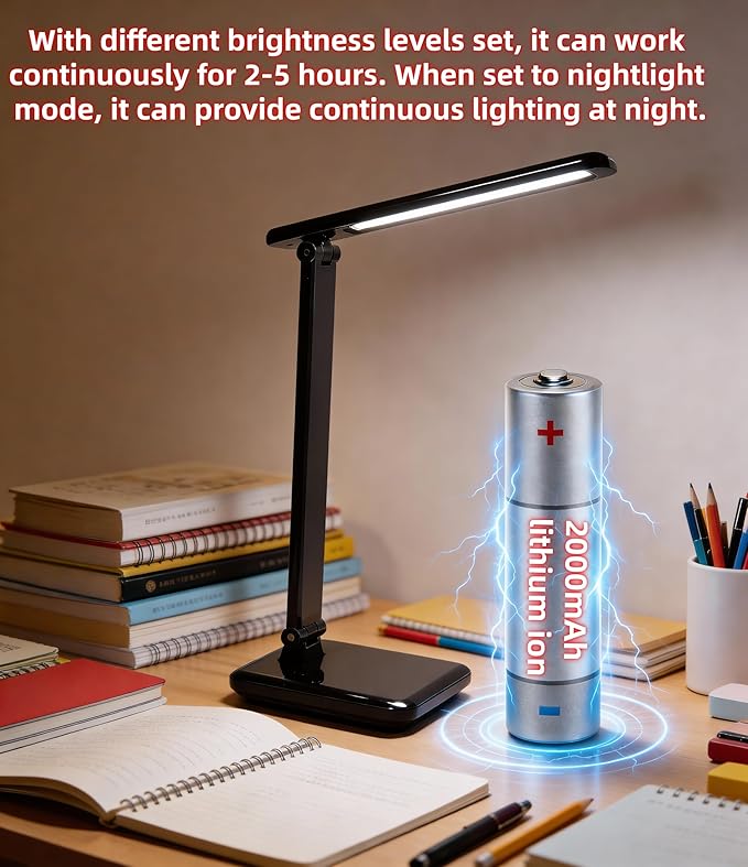 LED Desk Lamp, Reading Light for Home Office, Small Study Table Lamp, 5000K, Black, Lithium Battery 2000MAH,Work Desk Light，Emergency Lighting, Touch Lights，Stepless dimming，