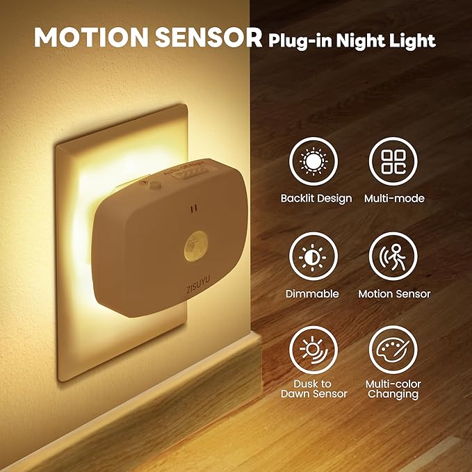 ZISUYU Plug-in LED Backlit Night Light with Motion Sensor & Dusk to Dawn Sensor, 10-60lm Dimmable Nightlight with Multi-Mode & Color-Changing, Ideal for Bedroom, Bathroom, Stairs, Hallway (2 Pack)