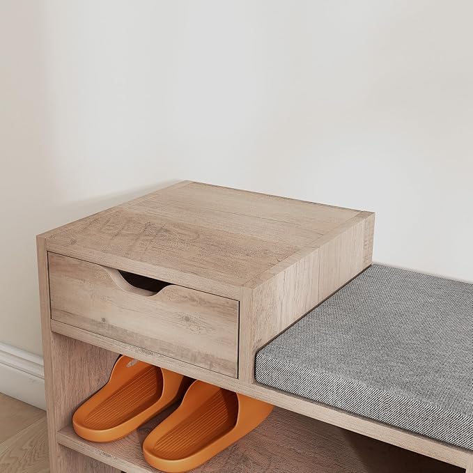 HOMCOM Shoe Bench with Storage, Modern Upholstered Entryway Bench with Shelves, Drawer and Table Top for Living Room, Hallway, Grey