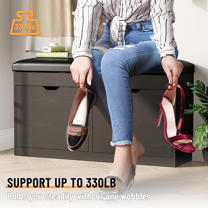 40" Shoe Storage Bench with 2 Flip Drawers & Padded Seat Cushion, Shoe Cabinet with Lift Top Storage Box, Shoe Bench Shoe Organizer for Entryway, Hallway, Living Room, Black