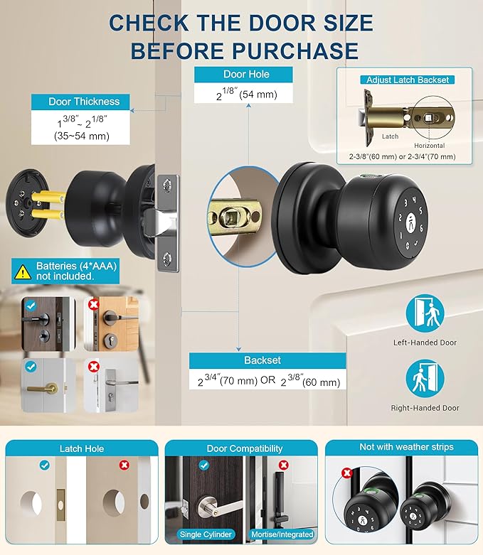 Fingerprint Door Lock, Smart Fingerprint Door Knob with Lock, Biometric Door Locks with App Control & Key, Keyless Thumbprint Entry Door Locks for Bedroom, Front Door, Apartment- Black