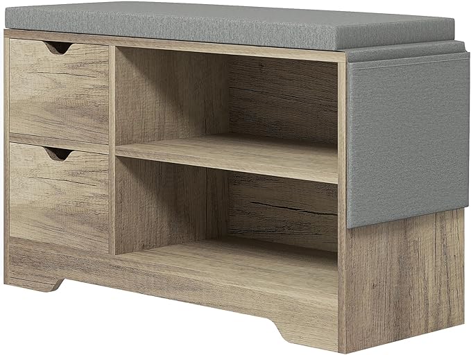 HOMCOM Shoe Bench with Storage, Modern Upholstered Entryway Bench with Open Shelves, Drawers and Pocket for Living Room, Hallway, Grey