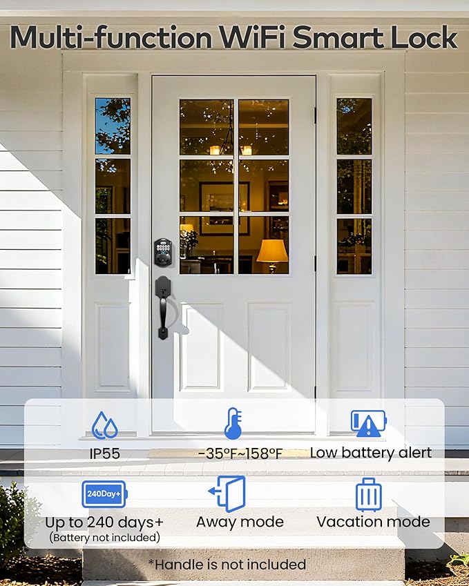 TEEHO TE012W WiFi Smart Lock, Fingerprint Door Lock with Built-in Wi-Fi, Keyless Entry Keypad Smart Deadbolt, App Remote Control, Alexa Compatible, IP55 Waterproof for Front Door – Matte Black