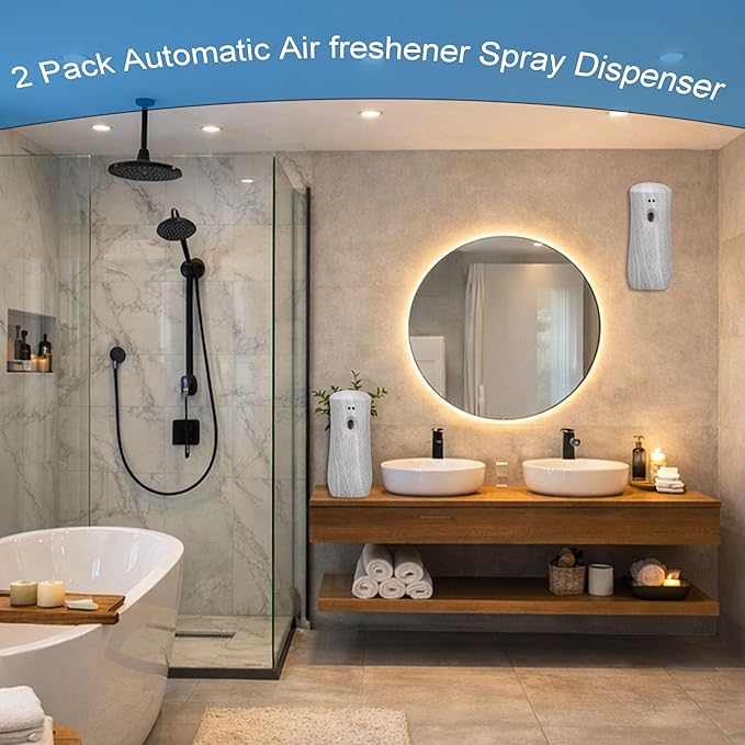 Automatic Air Freshener Spray Dispenser (2-Pack) Wall Mounted or Free Standing, Commercial and Home Use, Multiple Time Scent/Mist Release Settings for Room/Restroom Sprayer (BHW1101)