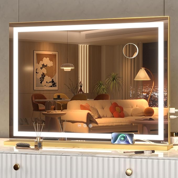 Hasipu Vanity Mirror with Lights, 32" x 22" LED Makeup Mirror, Lighted Makeup Mirror with Dimmable 3 Modes, Touch Screen Control Vanity Mirror Square Gold