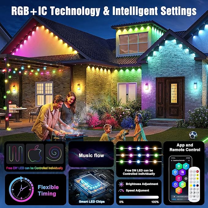 JOH Permanent Outdoor Lights,100FT RGB+IC Smart Eave Lights with DIY Color, IP67 Waterproof, App & Remote Control, 72 Scene Modes, Outdoor Roof Lighting for Christmas, Holiday & Daily Decor