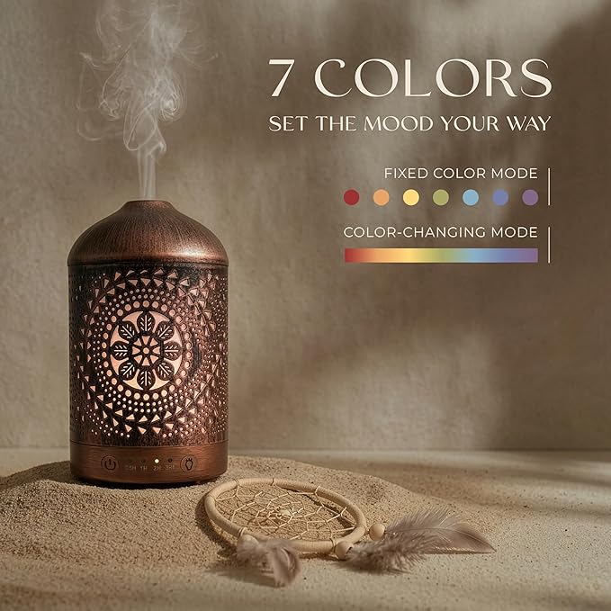 Earnest Living Essential Oil Diffuser Metal Diffuser 100 ml Timers Night Lights and Auto Off Function Home Office Humidifier Aromatherapy Boho Decor Gift
