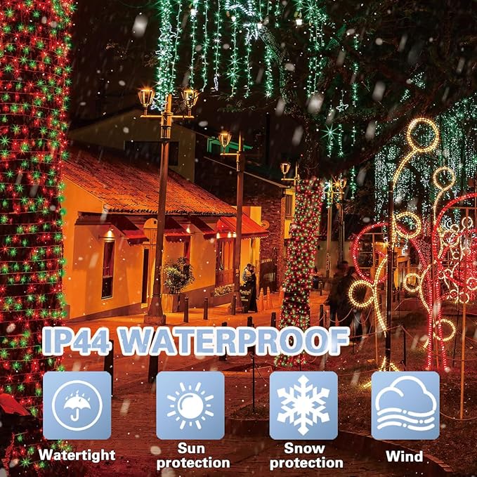 LAMPHOME Red and Green Christmas String Lights, 100 LED 33 FT Christmas Lights Outdoor Waterproof Connectable String Lights Clear Wire with 16 Modes, Xmas Vintage Decorations for Party Yard Garden