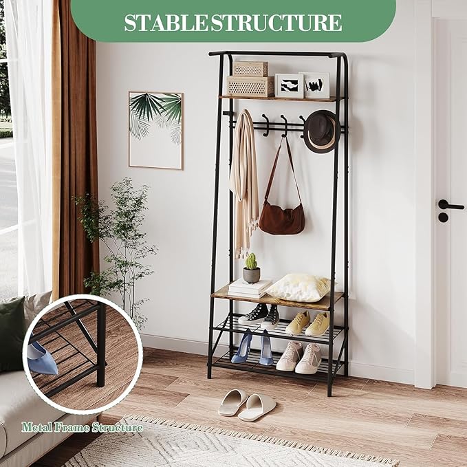 Hall Tree, Entryway Hall Tree with Shoe Rack, Coat Rack with Shoe Rack and Hooks, 25” Freestanding Metal Entryway Organizer with 4-Tier Storage Shelves for Hallway, Bathroom, Small Spaces