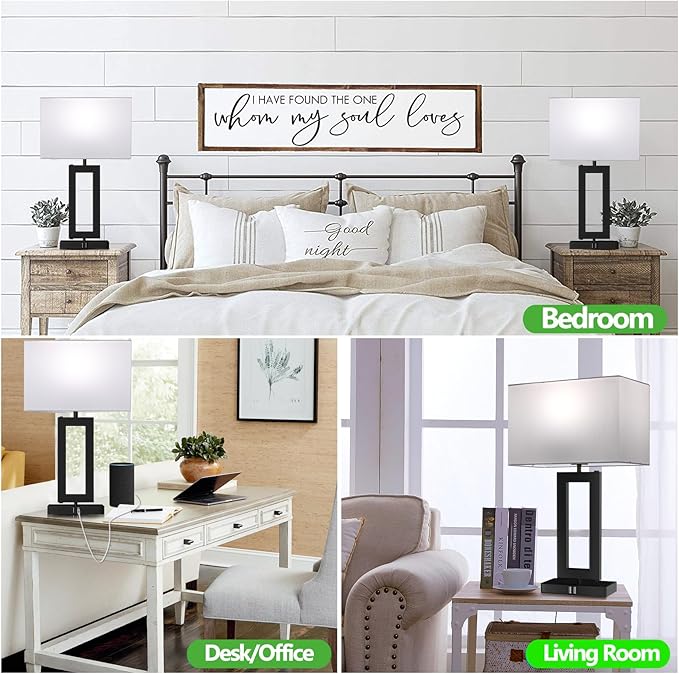 White& Black Table Lamp Set of 2 Touch Control Lamps 3-Way Dimmable Bedroom Bedside Nightstand Lamps w/USB Ports Modern Table Lamp for Living Room End Table Office, 22’’ Tall, Daylight