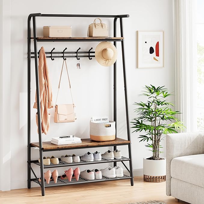 Multi-Functional Hall Tree Coat Rack with Bench & Shoe Storage – Freestanding Metal Frame, 5 Hooks, Clothes Rail – Ideal for Entryway, Hallway, Mudroom – Rustic Brown – 100 Single Row Hooks
