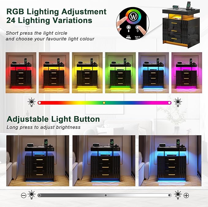 HNEBC LED Nightstand,Black Nightstand with Charging Station-USB+Type-C+Wireless Charging,Smart Bedside Table has Auto Sensor, High Gloss Night Stand with 3 Drawers for Bedroom