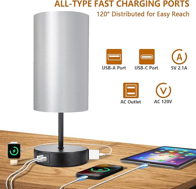 HiBay 17.75" Touch Bedside Table Lamp with USB Charging Ports & AC Outlet, Industrial Black 3-Way Dimmable LED Nightstand Light with Silver-Gray Shade for Bedroom Office Living Room Dorm Decor