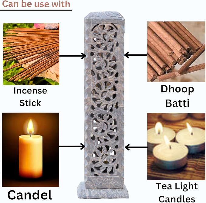 Handcrafted Soapstone Incense Tower and Candle Holder 11”inch Artistic Burner for Home Decor Gift, Spa & Relaxation | Elegant Tea Light Holder & Aroma Diffuser | Handcrafted Incense Stick Holder