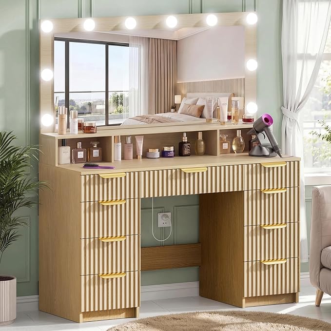 Fluted Vanity Desk with Large Lighted Mirror, Makeup Vanity Desk with Power Outlet, 9 Drawers & Storage Shelf, Women Girls Vanity Dressing Table for Bedroom, Oak