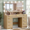 Fluted Vanity Desk with Large Lighted Mirror, Makeup Vanity Desk with Power Outlet, 9 Drawers & Storage Shelf, Women Girls Vanity Dressing Table for Bedroom, Oak