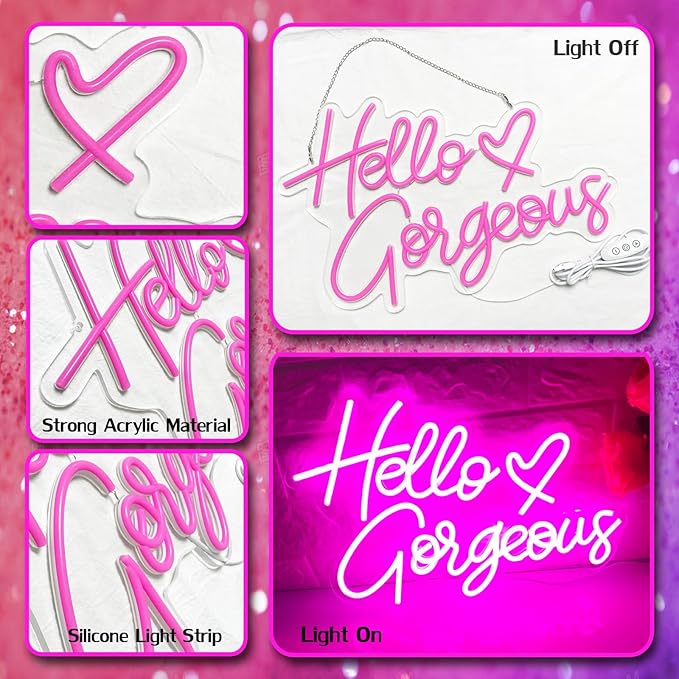 Hello Gorgeous Neon Sign Pink LED Neon Lights for Home Wedding Birthday Backdrop Bacelorette Party Wth Dimmable Switch(5V, 16.5"*11")