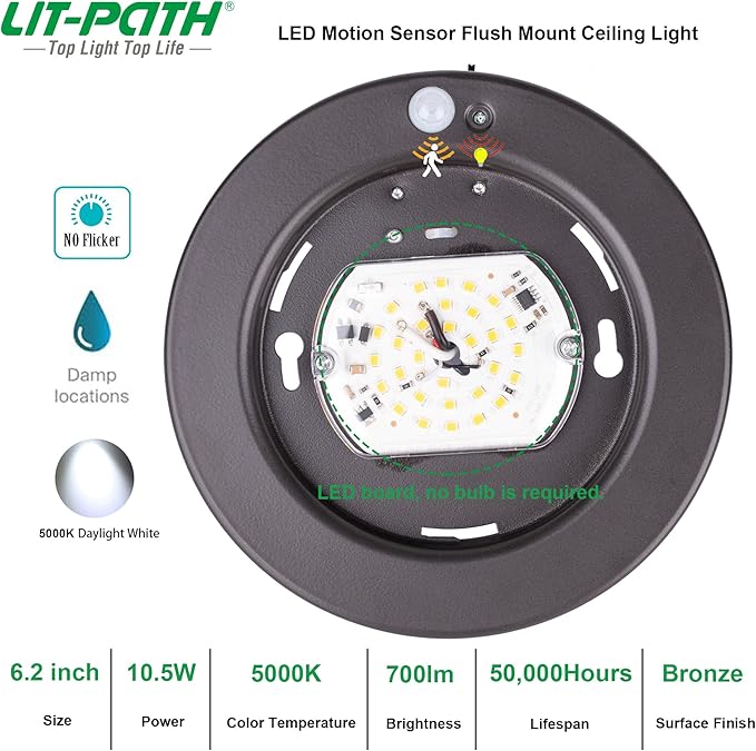 LIT-PaTH LED Flush Mount Ceiling Light, Closet Lighting Fixture with Motion Sensor and Dusk to Dawn, 10.5W, 800 Lumen, 6.2 Inch, Anti-Rust Galvanized Housing, Bronze Finish 5000K 2-Pack