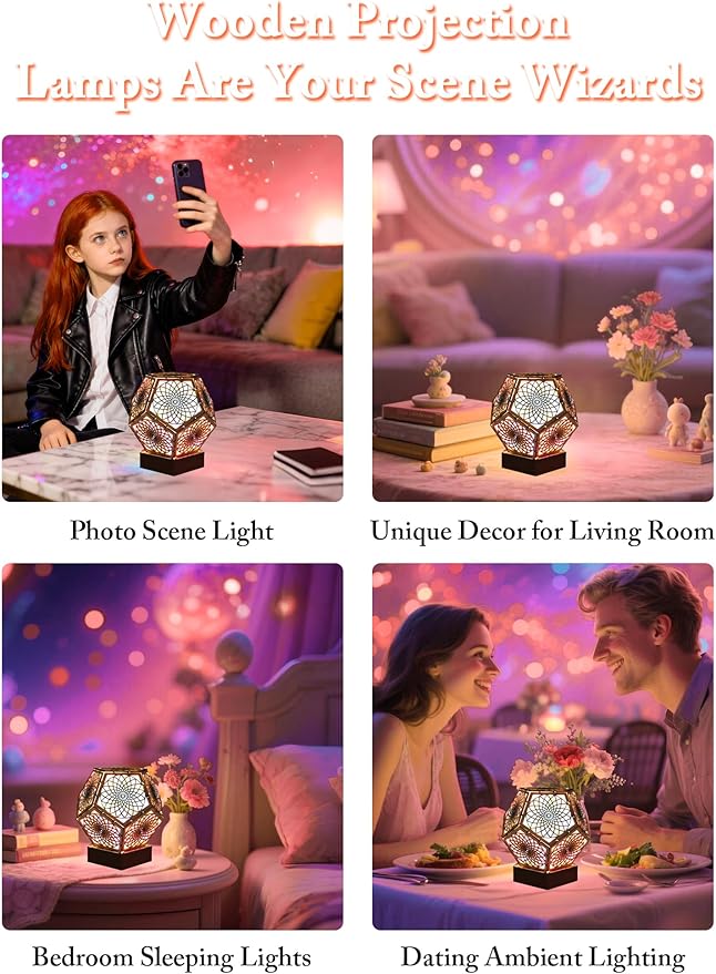 Starlight Projector Lamp,Boho Ambient Lighting Infinity Dodecahedron Art Night Light, Wooden Colorful LED Lights for Bedroom Vintage Room Decor Aesthetic Unique Gifts (Pentagonal)