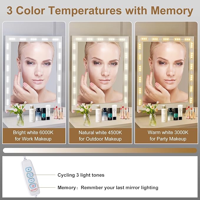 LPHUMEX LED Vanity Mirror Lights, 3 Color 20pcs*3LEDS 12V Hollywood Style Makeup Lights Stick on, Bright Dimmable with Power Adapter (Mirror Not Included)