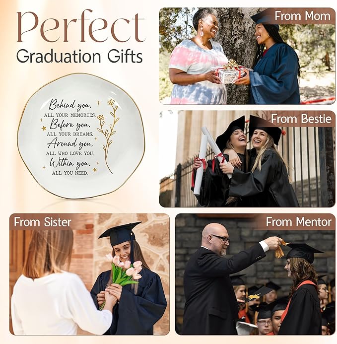 OASSIE Graduation Gifts for Women - 4"x4" Round-Shaped Ceramic Jewelry Dish Tray - Thank You Inspirational College High School Graduation Gifts for Friend Sister Her, Decorative Trinket Dish