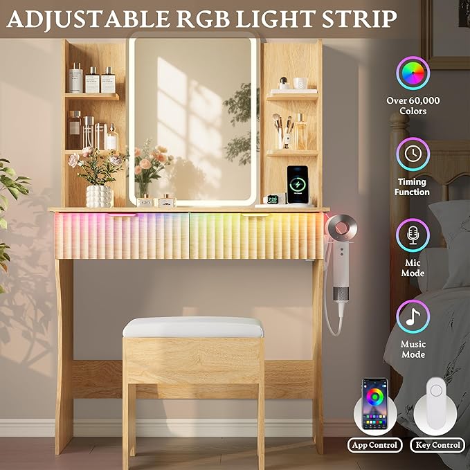 Makeup Vanity Desk with Mirror & Lights, Small Vanity Table Set for Girls with Chair & Power Outlet, Fluted Dressing Table with 2 Drawers & 4 Storage Shelves, Adjustable RGB Lighting - Wood