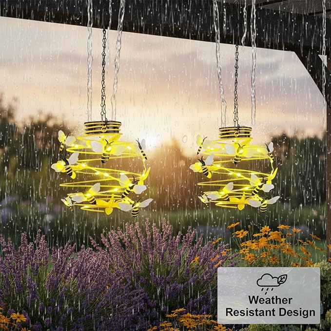 2 Pack Bee Solar Lights Outdoor Garden Decor,Bee Decorations Hanging Solar Lantern,Hanging Garden Decor for Outside Patio Yard Porch Pathway,Outdoor Gifts for Women
