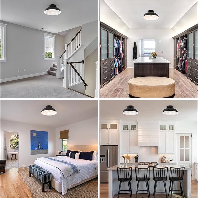 Black Semi Flush Mount Ceiling Lights, Industrial Ceiling Light 12 Inch Close to Ceiling Light Fixtures for Bedroom Entryway Kitchen Hallway Porch Foyer Bathroom Laundry Barn