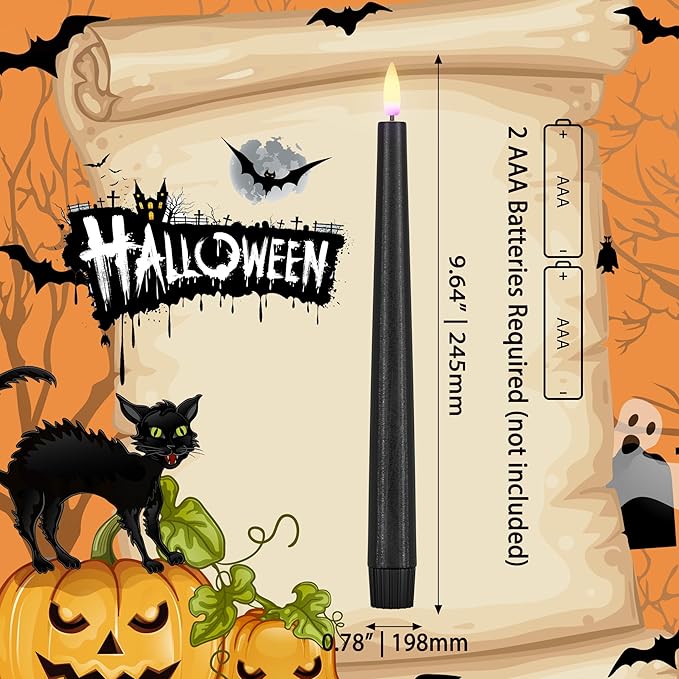 Orange and Black Flameless Taper Candles Flickering, Real Wax Halloween Candles with 2 Remote & Timer, Battery Operated Halloween Led Candle for Party Home Decor 6 Pack