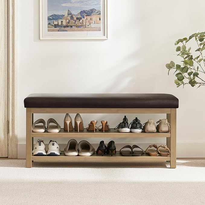 Shoe Rack Bench with Leather Cushion, 2 Tier Solid Wood Storage Bench, Mid-Century Modern Shoe Bench for Entryway, Hallway, Closet, Front Door Entrance, Foyer (Dark Brown, 46.5)