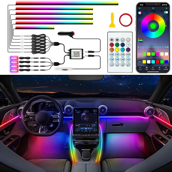 Car LED Strip Lights, Interior Acrylic LED Lights for Car with Dynamic Rainbow Dream Color Chasing, Ambient Lighting Kits Music Sync (10 in 1(4 * 29.5+43.3+14.5 inches+4 Footwell Lights))