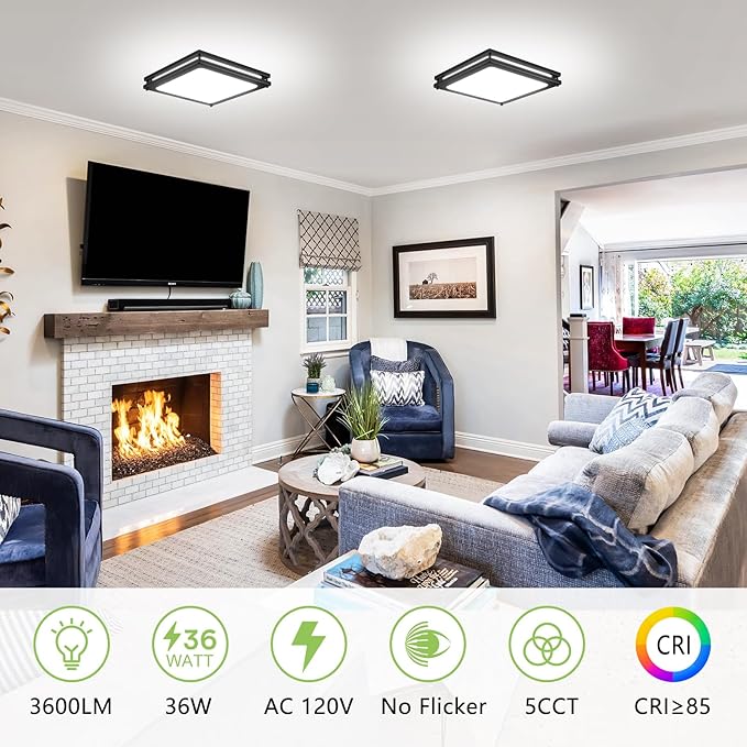 Square Ceiling Light Fixture - 36W 3000K/3500K/4000K/5000K/6000K Adjustable Flush Mount Led Light for Bathroom Bedroom Kitchen Hallway (2 Pack Black(5CCT), 12 Inch)