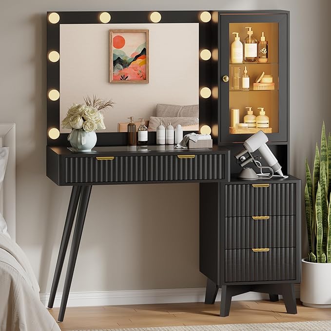 45'' Fluted Makeup Vanity Desk with LED Lights Mirror & Charging Station, Modern Glass Top Vanity Table with 5 Drawers & Glass Cabinet, Dressing Table for Bedroom, Living Room, Black