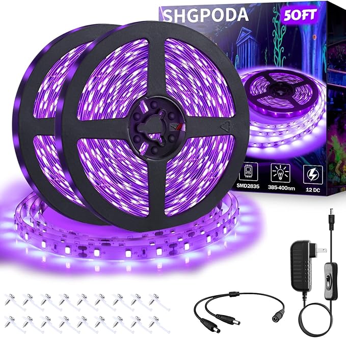 50ft/15M LED Black Light Strip Kit, 900 Units Lamp Beads, 385nm-400nm, 12V Flexible Blacklight Fixtures, Non-Waterproof Strip Blacklight for Indoor, Birthday, Glow Party, Halloween, Christmas