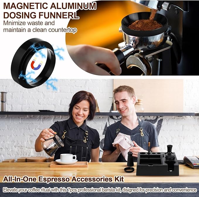 7pcs Espresso Accessories Kit 51/58/53mm Tamping Station Machine Accessories Spring Loaded Calibrated Tamper Wdt Espresso Tool and Dosing Funnel Set Distributor and Tamper Leveler(53mm)