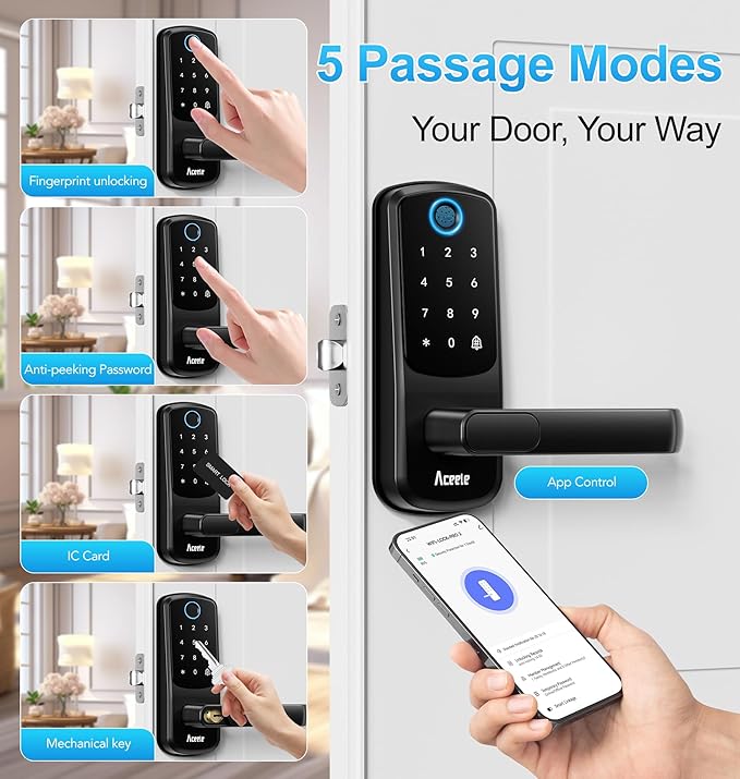Aceele Keyless Entry Fingerprint Smart Door Lock, Built-in Wi-Fi, Electronic Lock for Front Door with Touch Digital Keypad and Handle, Automatic Door Knob for Apartment/Home/Bedroom(Black)