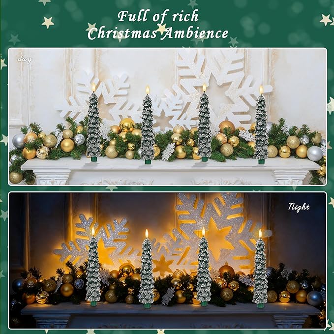 Christmas Tree Candles with Snow, 9.6" Green Real Wax Flameless Taper Candles with Remote, Flickering Xmas Candlesticks for Home, Party Decor, 4 Pack