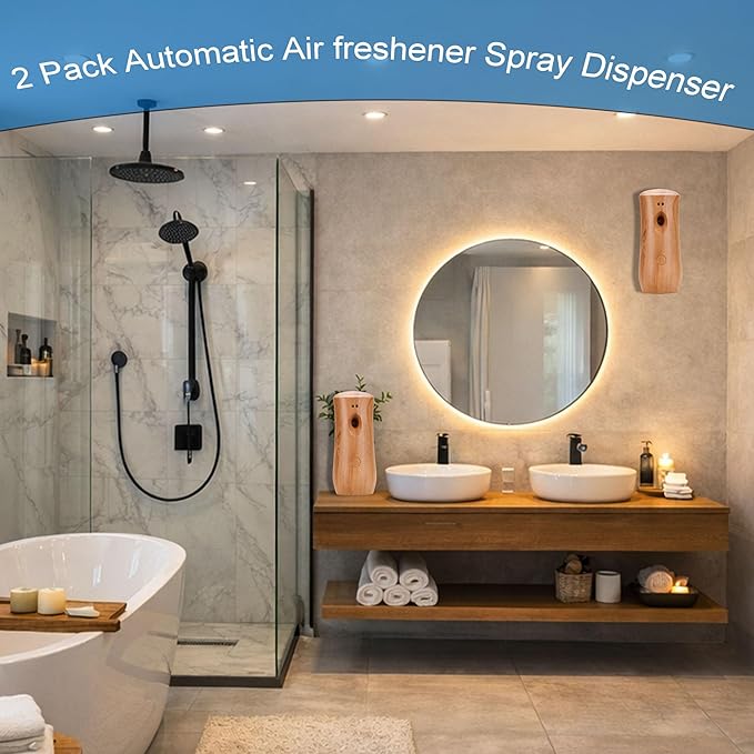 Automatic Air Freshener Spray Dispenser (2-Pack) Wall Mounted or Free Standing, Commercial and Home Use, Multiple Time Scent/Mist Release Settings for Room/Restroom Sprayer (Wood1101)