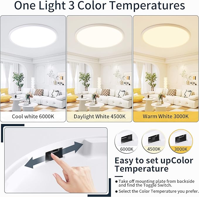 MOONSEA 24 Inch Flush Mount Ceiling Light Fixture 48W - 3000K/4500K/6000K Adjustable Round Large Kitchen Light Fixtures Ceiling 4800lm, Dimmable Light Fixtures for Bedroom, White