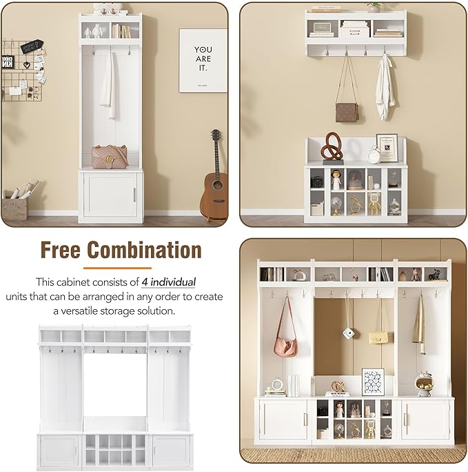 Modern Hall Tree with Storage and Bench, 4-IN-1 Multi-Functional Entryway Bench with Coat Rack and Shoe Cubbies, Practical Furniture for Mudrooms Organization Entryway Living Room (White-65f)