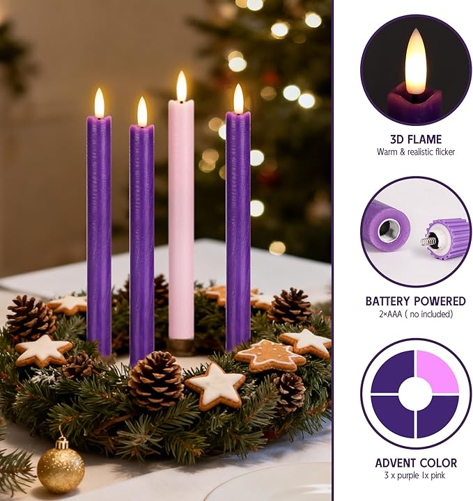 Flameless Advent Candles Set of 4, Real Wax Advent Taper Candles Battery Operated 9.6", Purple and Pink Christmas Candlesticks for Wreath, Christ, Home, Church, Catholic Decoration