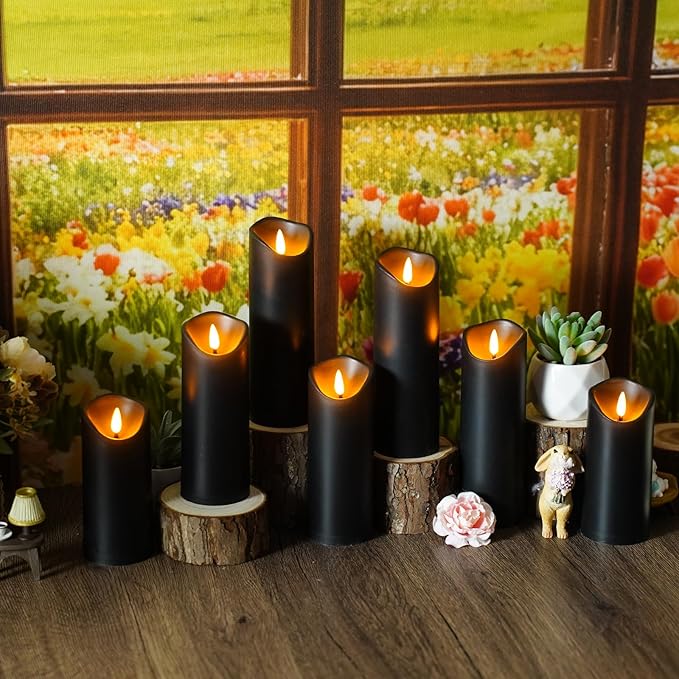 Flickering Flameless Candles, Battery Operated Plastic LED Pillar Candles with Remote Control and Timer, Set of 24 (Black)