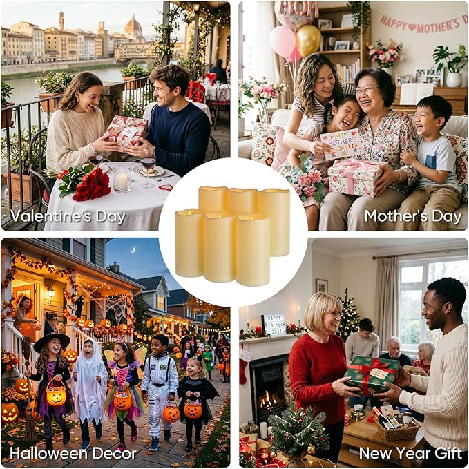 5plots 3" X 6" Outdoor Waterproof Candles, Battery Operated Led Ivory White Flameless Candles with 10-Key Remote & Timer for Indoor Home Lantern Holiday Decor, Set of 6