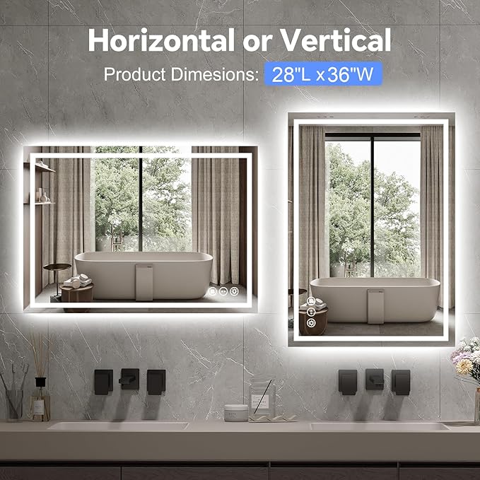 LED Bathroom Mirror 28x36 Inch Anti-Fog Bathroom Mirror with Lights, Wall Mounted Lighted Vanity Mirrors, Dimmable, Backlit + Front Lit, Smart Bathroom Vanity Mirror with 3 Colors Temperature