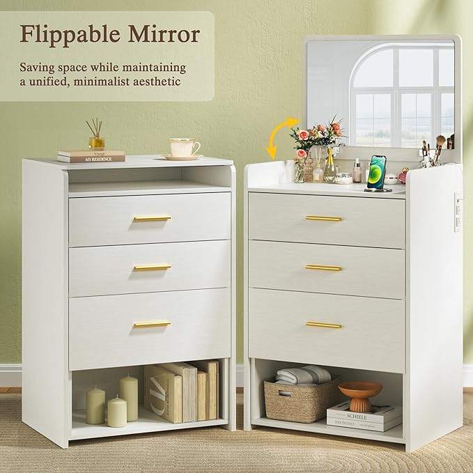 3 in 1 Vanity Desk with Flip-up Mirror, Compact Vanity with 2 Fabric Drawers & Storage Cushioned Chair, Charging Station, Girls Small Vanity Nightstand for Bedroom, White