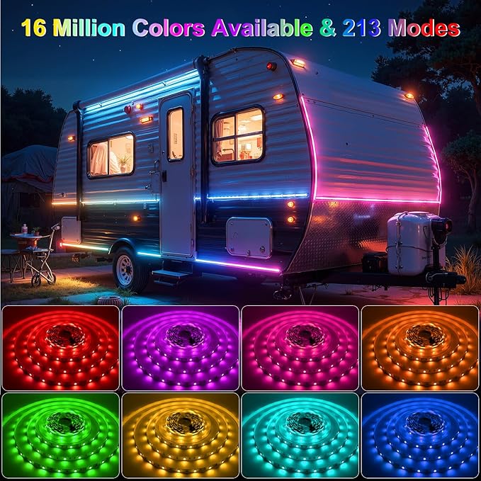 16.4FT RV Awning Lights with App / Remote Control, 12V Camper LED Light Strip with Music Sync, IP65 Waterproof Underglow LED Light Kit for Motorhome, Travel, Trailers, Outdoor Camping, Party BBQ