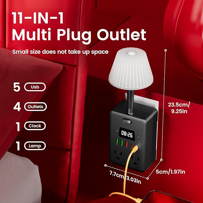 Lamp & Power Strip with Digital Clock, 4 Outlets 5 USB Ports (2 USB C), Dimmable Nightstand Light with 3 Color Temperatures, Multi-Functional Wall Outlet Extender for Bedroom, Dorm, Office, Black