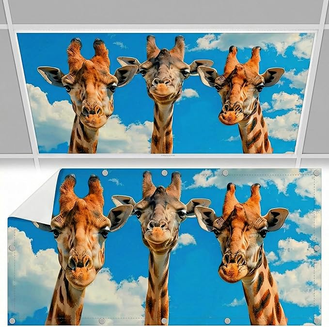 Fluorescent Light Covers for Ceiling Lights -Magnetic Cloud Cover for Fluorescent Or LED Fixture 2ft x 4ft Classroom,Home,Office Decoration Filters Overhead Lighting-Three giraffes