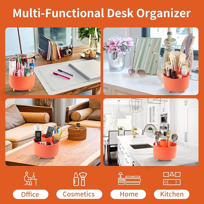 Desk Pencil Pen Holder, 5 Slots 360°Degree Rotating Pen Organizers for Desk, Desktop Storage Stationery Supplies Organizer, Cute Pencil Cup Pot for Office, School, Home, Art Supply, Orange