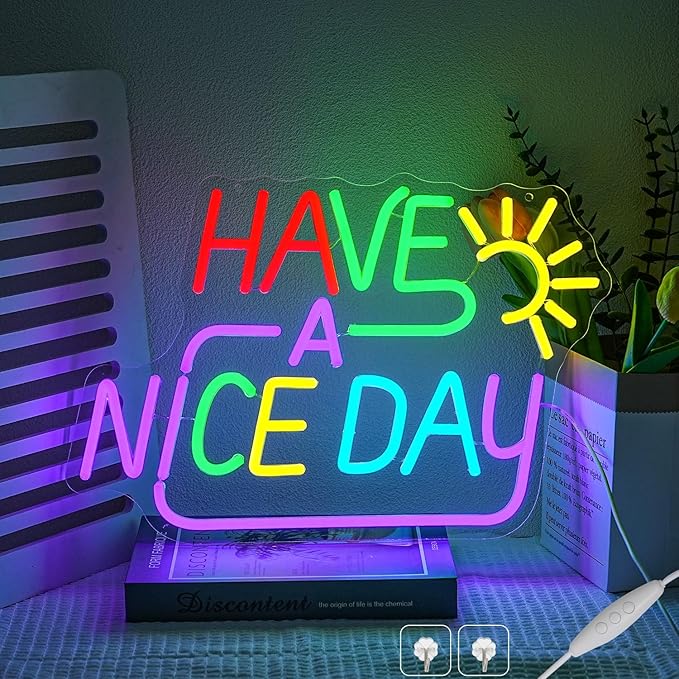Happy A Nice Day Neon Sign for Wall Decor, Dimmable Colorful Letter Neon Lights, USB Powered Happy A Nice Day Led Light Up Sign for Bedroom, Room, Studio, and Office Wall Decor